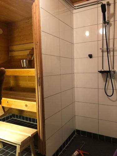 a bathroom with a shower and a toilet in a room at Lakeside Log Villa Edith in Rovaniemi