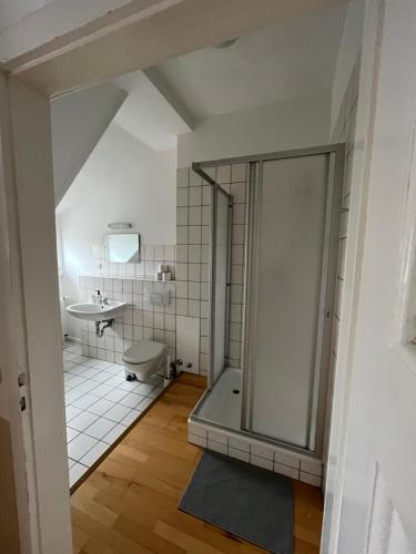 a bathroom with a shower and a toilet and a sink at MWM-Pension-Hotel in Meine
