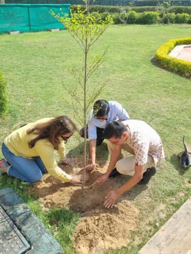 three people planting a tree in a garden at Ramgarh Lodge, Jaipur – IHCL SeleQtions in Jaipur