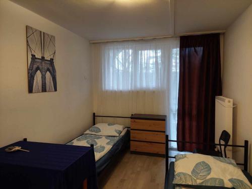 sypialnia z 2 łóżkami, stołem i oknem w obiekcie Ośrodek Wypoczynkowo-Hotelowy PRZĄŚNICZKA w Łodzi