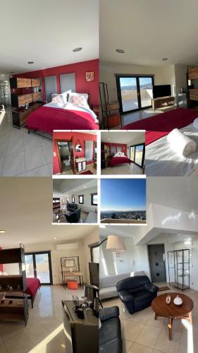 een collage van foto's van een slaapkamer en een woonkamer bij Nest & nook in Chios