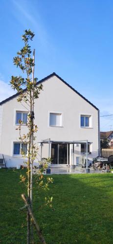 una casa bianca con un albero davanti di Maison individuel 500m JO a Vaires-sur-Marne