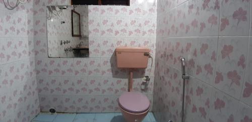 uma casa de banho com um WC cor-de-rosa e um espelho. em Hotel Bhubaneswar Pride em Bhubaneshwar