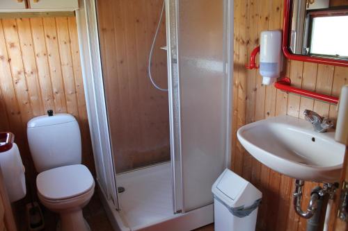 ein Bad mit einer Dusche, einem WC und einem Waschbecken in der Unterkunft Hömluholt Holiday Homes in Hömluholt