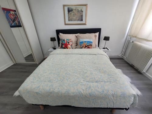 - une chambre avec un grand lit et des oreillers dans l'établissement Charmante chambre chez l'habitant, à Ivry-sur-Seine