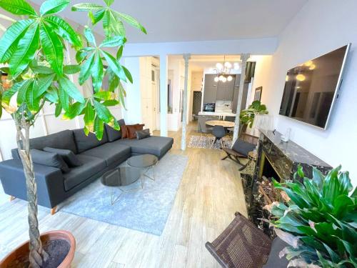 sala de estar con sofá azul y algunas plantas en NEW APARTMENT IN CITY-CENTER, GRAN VIA, en Madrid