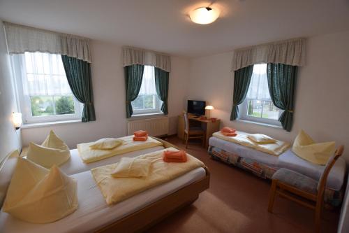 two beds in a room with two windows at Wolfsgrunder Festhof in Dorfchemnitz