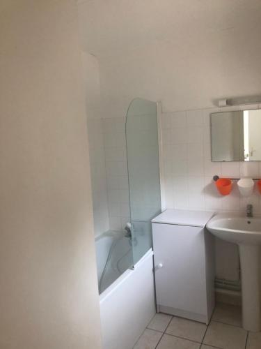 une salle de bain avec une baignoire et un lavabo dans l'établissement Montaigu Plage, à Montaigu-de-Quercy