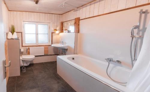 a bathroom with a tub and a toilet and a sink at Hostel - Ron`s Guesthouse in Oberstdorf