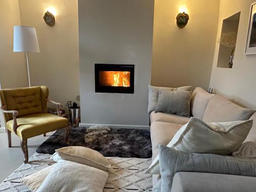 a living room with a couch and a fireplace at La casa di Zoe-ARTANDTRAVEL in Montefiascone