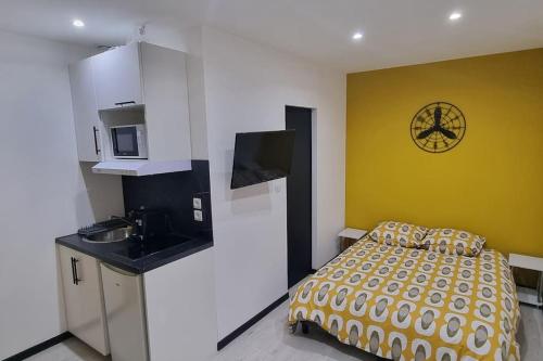 une chambre avec un lit, un lavabo et une horloge au mur dans l'établissement Studio Orchidée, tout confort, rénové, à Saint-Quentin
