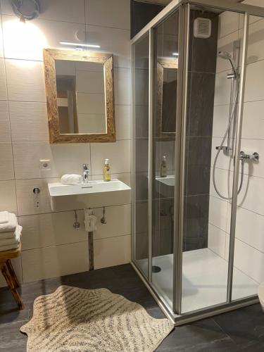 uma casa de banho com um chuveiro e um lavatório. em Ferienwohnung in ruhiger Lage in Bischofshofen em Bischofshofen