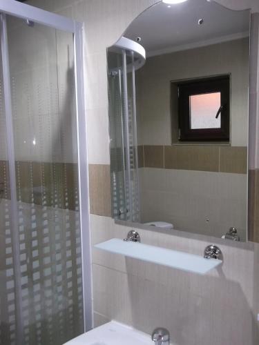 a bathroom with a shower and a sink and a mirror at Complex Parc Pini Moinesti in Moineşti
