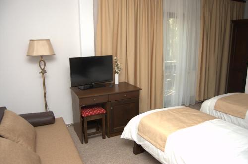 a hotel room with a television on a dresser with a bed at Complex Parc Pini Moinesti in Moineşti