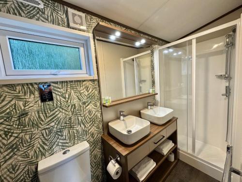 a bathroom with a toilet and a sink and a shower at Luxury Langham Lodge in Clitheroe