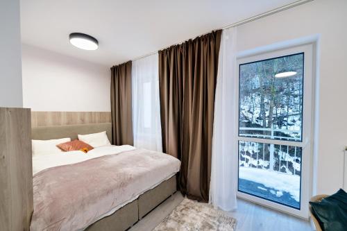 een slaapkamer met een bed en een groot raam bij Apartmán Barborka in Jáchymov