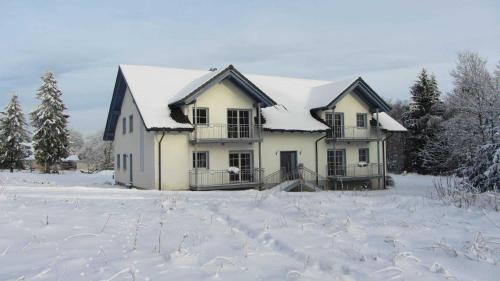 a house is covered in snow in a field at Am Alten Forsthaus in Neuenbau