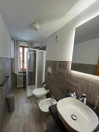 a bathroom with a sink and a toilet and a shower at Soleil in Morgex