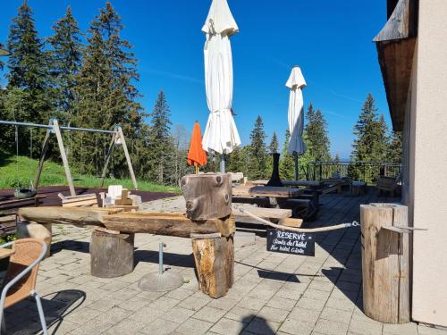 eine Terrasse mit einem Tisch, einem Sonnenschirm und Stühlen in der Unterkunft Hôtel Restaurant du Marchairuz in Le Brassus