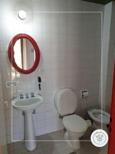 een badkamer met een toilet, een wastafel en een spiegel bij Jarillas del Mar in Las Grutas