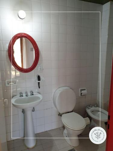 a bathroom with a toilet and a sink and a mirror at Jarillas del Mar in Las Grutas