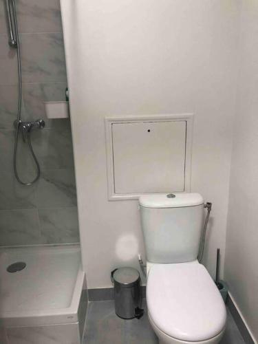 une salle de bain blanche avec toilettes et douche dans l'établissement Mignonnette, à Paris