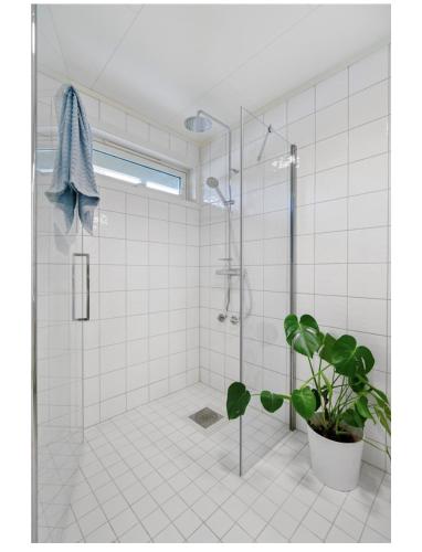 a bathroom with a shower and a potted plant at Arctic Homestay with Northern light view room in Tromsø
