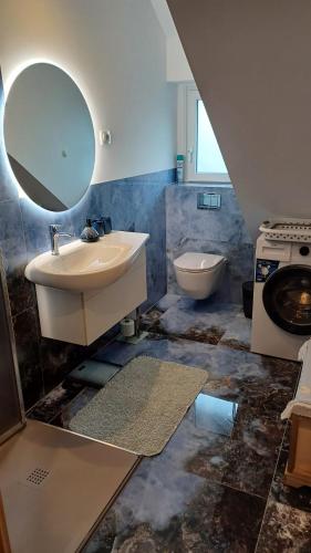 een badkamer met een wastafel, een toilet en een spiegel bij Vila Lesce in Lesce
