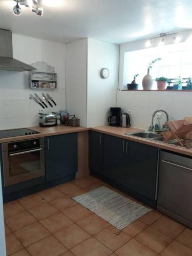 une cuisine avec un évier et un plan de travail dans l'établissement Gîte du grand verger - meublé de tourisme 3*, à Saint-Malo