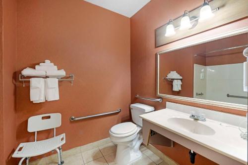 a bathroom with a toilet and a sink and a mirror at Quality Inn Bemidji in Bemidji