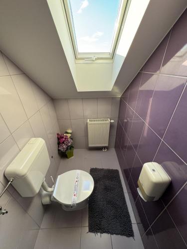 a bathroom with a toilet and a window at Pansion Komfor Fitea in Osijek