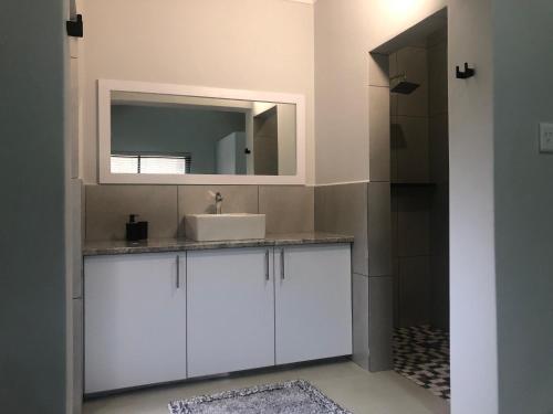 a bathroom with a sink and a mirror at Modern Bush Living in Marloth Park