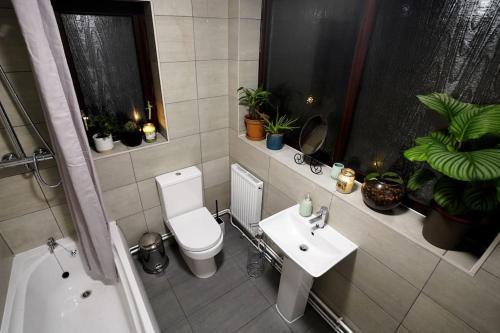 een badkamer met een toilet en een wastafel bij 2BR Home W/ en-suite toilet, Town Centre Ipswich. in Ipswich
