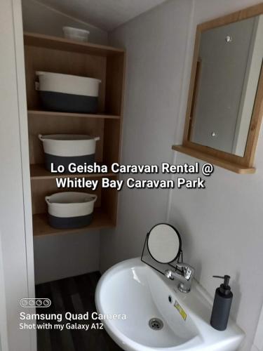 a bathroom with a white sink and a mirror at Lo Geisha Caravan Rental at Whitley Bay Caravan Park in Whitley Bay