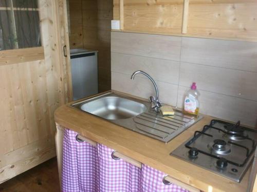 cocina con fregadero y fogones en camping Manex, en Saint-Pée-sur-Nivelle