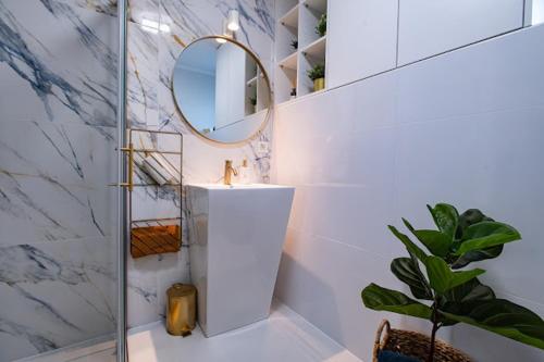 a bathroom with a sink and a mirror at Apartman Joe in Virovitica