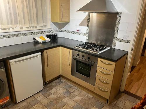 a kitchen with a stove and a counter top at EL MET GLOBAL APARTMENT in Slades Green