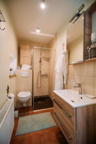 a bathroom with a shower and a sink and a toilet at Silene Resort & Spa in Silene