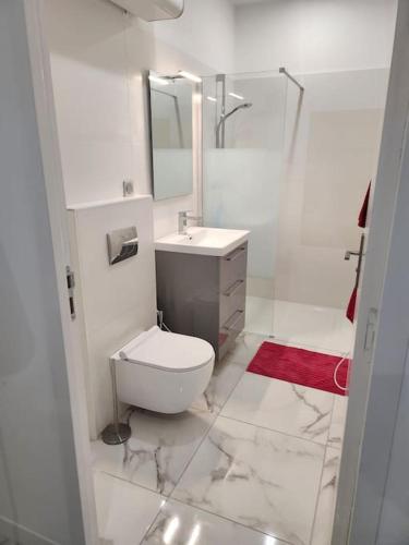 La salle de bains blanche est pourvue de toilettes et d'un lavabo. dans l'établissement Appartement dans le 8e arrondissement de Lyon (T2), à Lyon