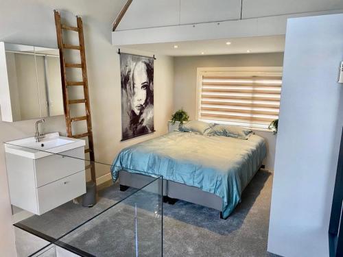 a bedroom with a bed and a ladder in it at welkom bij 5 in Den Ilp