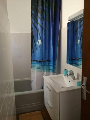 une salle de bain avec un lavabo et un rideau de douche dans l'établissement gîte Les Lavandes de Capluc, au Rozier