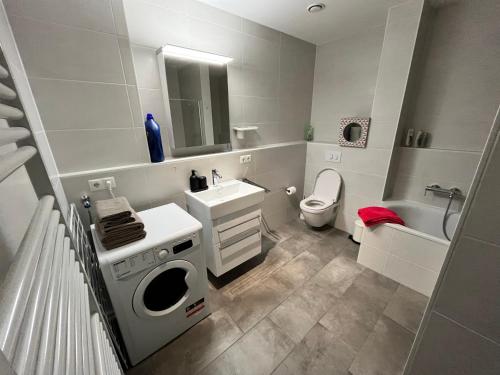 La salle de bains blanche est pourvue d'un lavabo et de toilettes. dans l'établissement Luxembourg 2 bedroom apartment in Gasperich, à Luxembourg