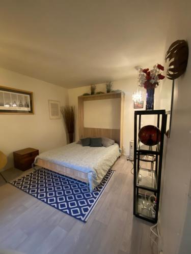 - une chambre avec un lit et un tapis bleu dans l'établissement Renovated ! City of Lights, light your visit, à Paris