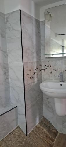 a bathroom with a sink and a toilet and a mirror at Il Villino haputale in Haputale