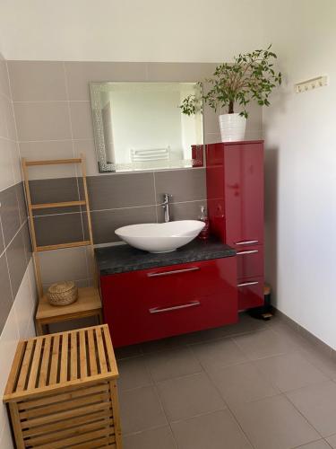 een badkamer met een rode wastafel en een spiegel bij Ama Lur in Hasparren