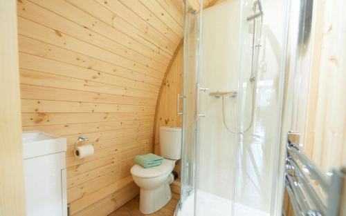 a bathroom with a toilet and a glass shower at Mountain Edge Resort Mega pod 1 in Church Stretton