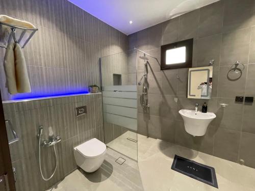 uma casa de banho com um chuveiro, um WC e um lavatório. em شقة عائلية خاصة em Dhahran