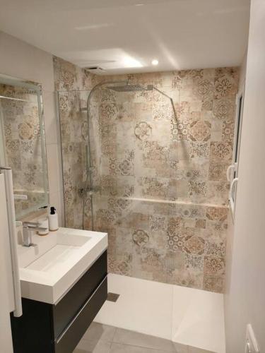 ein weißes Bad mit einem Waschbecken und einer Dusche in der Unterkunft Appartement Capitole hypercentre in Toulouse