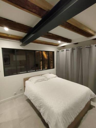 ein Schlafzimmer mit einem weißen Bett und einem Fenster in der Unterkunft Appartement Capitole hypercentre in Toulouse