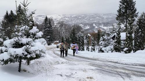 two people walking down a snow covered road at Alpina Panoramic in Moisei